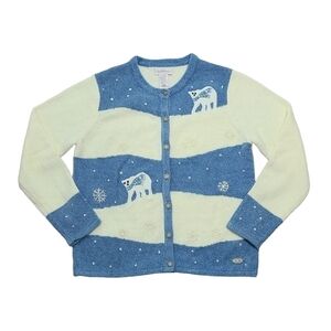 Vtg Northern Reflections Blue & Cream Polar Bear Embellished Cotton Cardigan M
